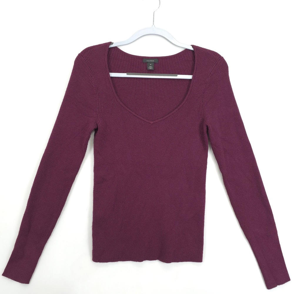 Halogen Sweater Women M Purple Ribbed V-Neck Long Sleeve Stretch Knit Fall 2021